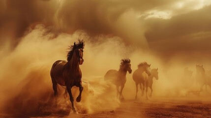 Group many horses herd galloping on sandy dust on dramatic view background. AI generated image - obrazy, fototapety, plakaty