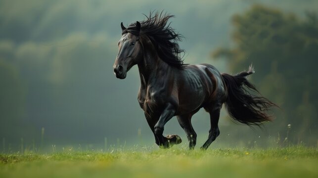 Portrait closeup a brown long mane horse running freedom on green field. AI generated image