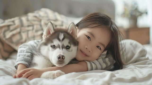 Portrait a little asian girl lying down on bed hug siberian husky puppy dog at home. AI generated