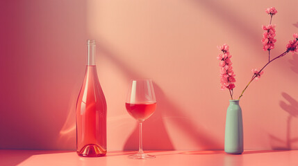 A bottle of wine and a wine glass are on a table next to a vase of pink flowers