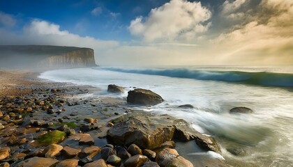 Obraz premium Beautiful seascape with a rocky beach and stormy cloudy sky. Misty morning, windy weather. Long exposure photo. 