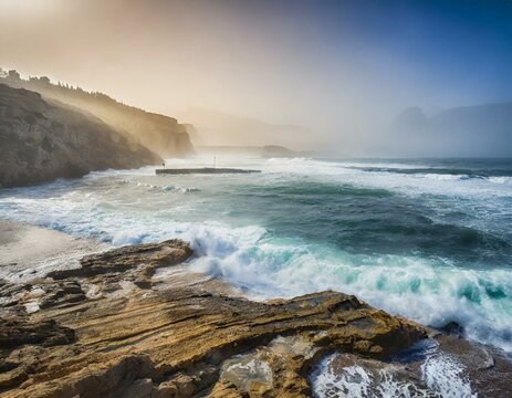 Beautiful seascape with a rocky beach and stormy cloudy sky. Misty morning, windy weather. Long exposure photo. 