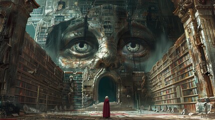 An ancient library, its forbidden texts guarded by silverfish with human eyes - obrazy, fototapety, plakaty