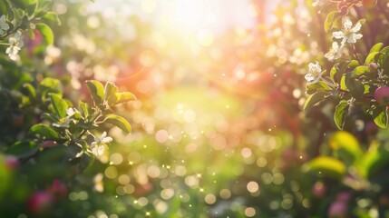 Beautiful an apple garden with trees blossoming in sunny day blur bokeh background. AI generated