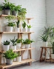 Fototapeta na wymiar Room interior, white brick walls with wooden shelves with many green plants in pots. Home interior natural decorating style. 