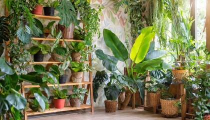 Fototapeta na wymiar Room interior, full of tropical green plants in pots. Natural tropical jungle at home. 