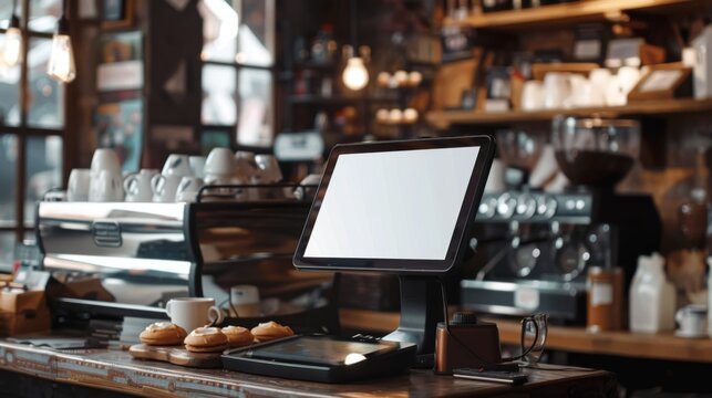 POS System in Cafe Setting, Barista Use Highlighted, AI Created
