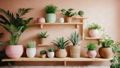 Bright room interior, wooden shelves with many green plants in pots on the wall. Pastel pale colours. Home interior natural decorating style. 