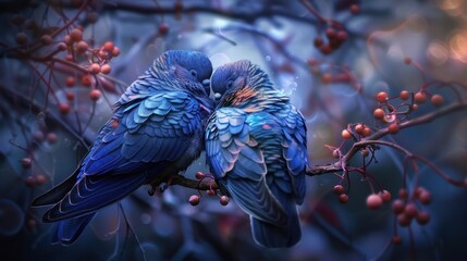 Romantic view a couple hugging turtle doves bird animal in branch. AI generated image - obrazy, fototapety, plakaty