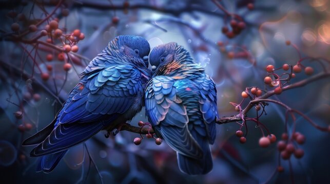 Romantic view a couple hugging turtle doves bird animal in branch. AI generated image