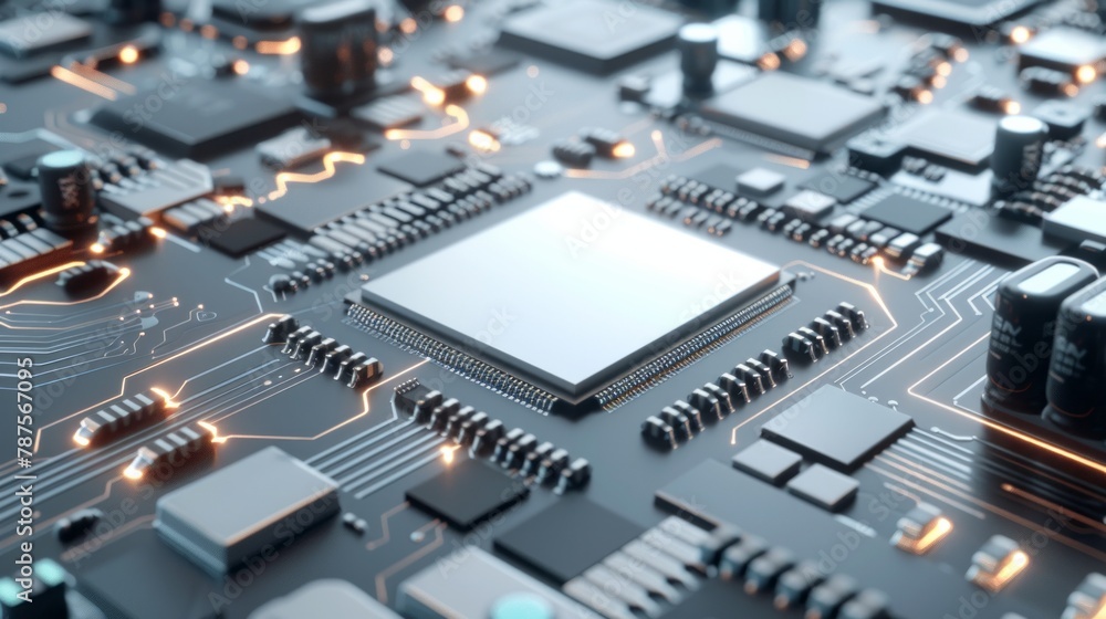 Poster the cpu processor chip is on circuit board, light white and light gray design, dynamic energy flow