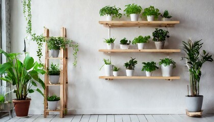 Background with white room wall, wooden shelves with green plants in pots.
Home interior natural decorating style. 