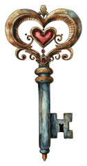 PNG Vintage key and heart watercolor architecture protection creativity.