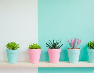 Fototapeta premium Room wall with wooden shelves with many green plants in pots. Pastel turquoise and pink colours. Home interior natural decorating style. 