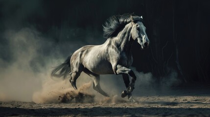 Dramatic view portrait grey horse stallion running fast in dust on dark background. AI generated