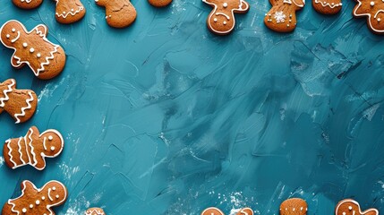 Holiday themed border of gingerbread on a blue surface viewed from above