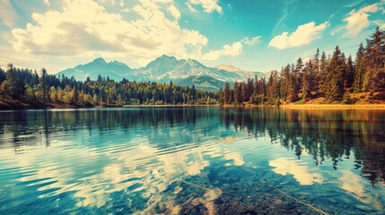 Beautiful deep mountain lake in dramatic scenery view landscape. AI generated image