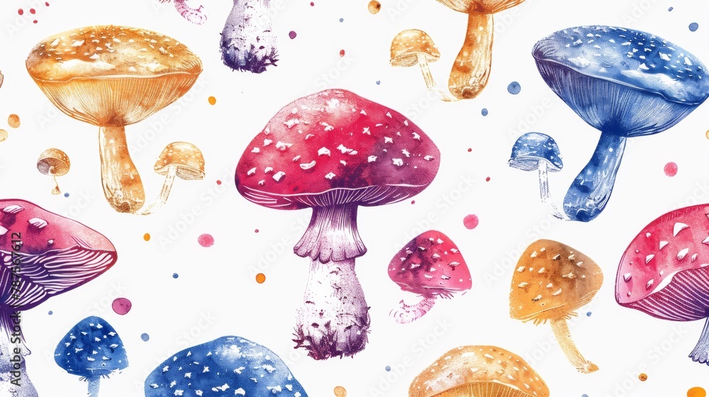Poster a pattern of a colorful image with mushrooms on it, ai