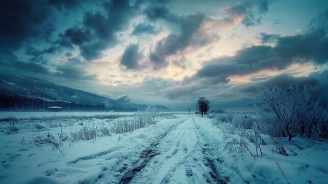 Dramatic beautiful overcast sky at evening winter landscape. AI generated image