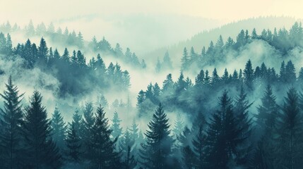 Beautiful scene misty foggy fir forest in morning hipster landscape. AI generated image - 787568035
