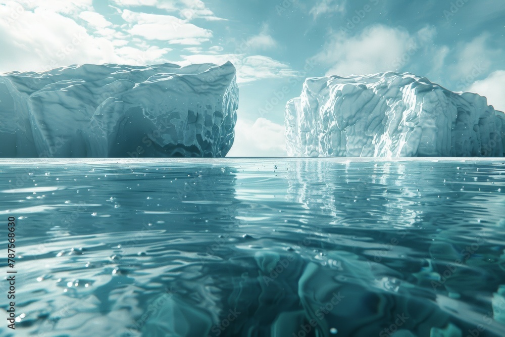 Poster a large body of water with two large ice blocks floating on top