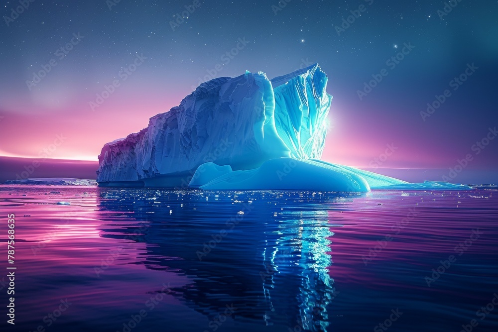 Poster a large ice block floating in the ocean with a pink