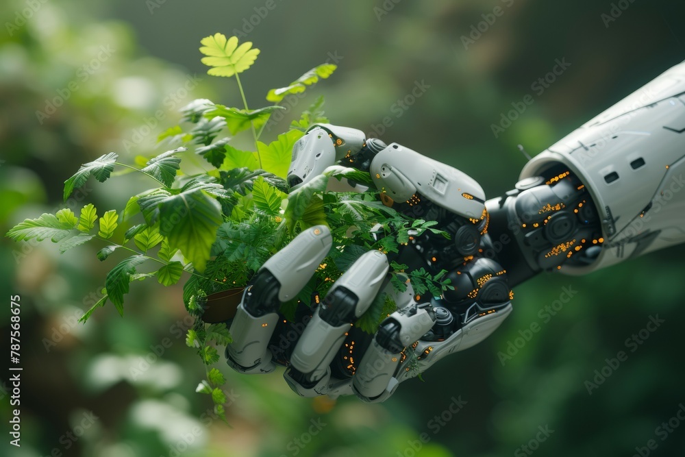 Aufkleber a robot hand works on a modern farm. background with selective focus and copy space