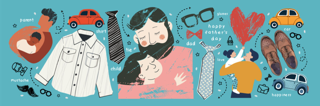 Happy Father's Day. Vector cute illustrations of dad and daughter child, hug, heart, car, men's shirt, tie, glasses, boots, shoes, mustache and beard for greeting card, stickers or banner