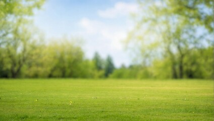 Beautiful blurred background image of spring nature with a neatly trimmed lawn surrounded by trees...