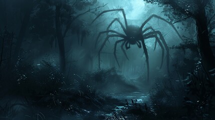 A shadowy forest where oversized spiders weave nightmares, moonlit terror - obrazy, fototapety, plakaty