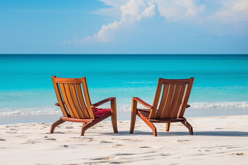 A pair of wooden chairs facing the tranquil blue sea on a clear day, inviting relaxation on the soft white sand - Generative AI