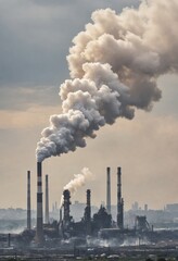 Clouds of smoke belching from factory chimneys polluting the city sky