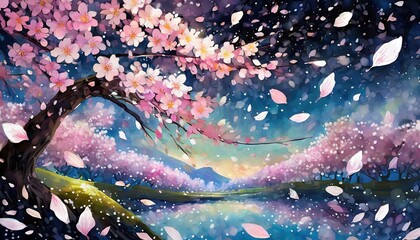 美しい桜の花びらが夜空を背景に幻想的に優しく舞い上がる、春の音が心地よい風と共に吹き抜ける。 - obrazy, fototapety, plakaty