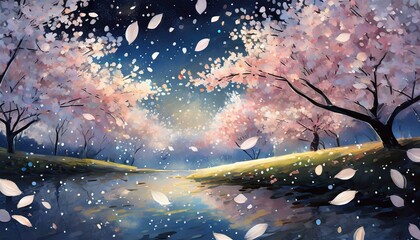 美しい桜の花びらが夜空を背景に幻想的に優しく舞い上がる、春の音が心地よい風と共に吹き抜ける。