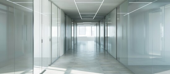 Fototapeta premium Office hallway that is not occupied, featuring transparent walls and doors.