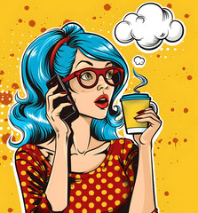 Pop Art Surprise: Young Woman with Coffee-to-Go Talking on Phone