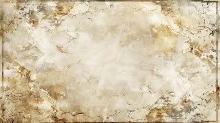 Cream marble stone texture on old brown and beige paper background with antique grunge border and marbled watercolor design in pale off white
