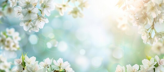 Background with white blossom border in spring - obrazy, fototapety, plakaty