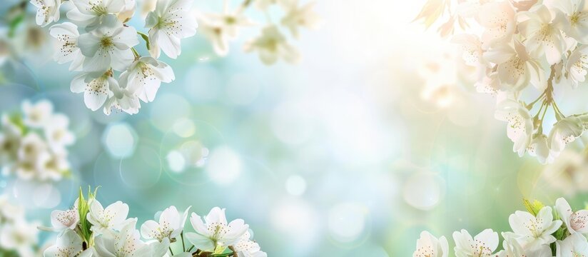 Background with white blossom border in spring