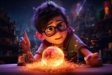 A young boy wearing glasses is focused on examining a crystal ball in front of him. Generative AI