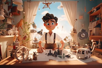 A young man is standing in front of a desk in a room, focusing on his work and research as an inventor. Generative AI