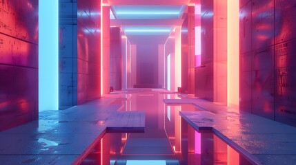 Surreal geometric shapes and glowing neon lights creating an abstract, futuristic floor and walls in a modern, tech-inspired room
