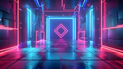 Surreal geometric shapes and glowing neon lights creating an abstract, futuristic floor and walls...