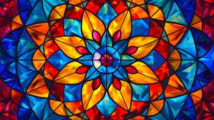 Mandala background with stained glass effect and primary colors. Kaleidoscope art lovers and artistic design. Mandala patterns with stained glass and kaleidoscope effect for dynamic backgrounds. 
