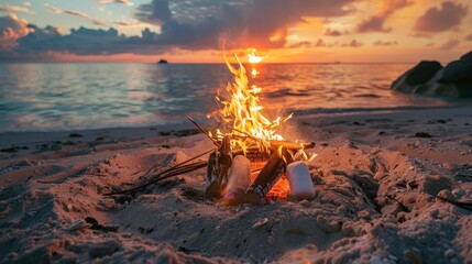 bonfire in the middle of a beach on a beautiful summer sunset in high resolution - Powered by Adobe