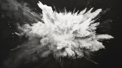 An explosion of white dust against a gray background. An explosion of white dust particles. An explosion of white chalk.