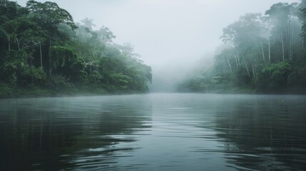 amazon river in the middle of the forest with fog - obrazy, fototapety, plakaty