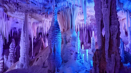 A series of limestone stalactites inside a cave, lit by colored lights to enhance the natural formations and create a mystical atmosphere