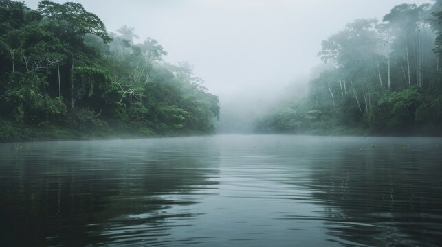 amazon river in the middle of the forest with fog