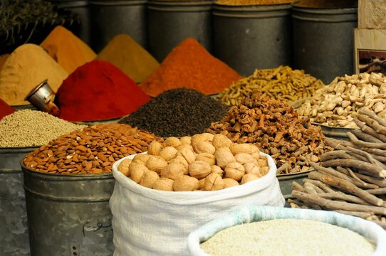 Fes, Staple food at a market, Variety of spices and pulses on display at a market, Northern Morocco, Morocco, Africa